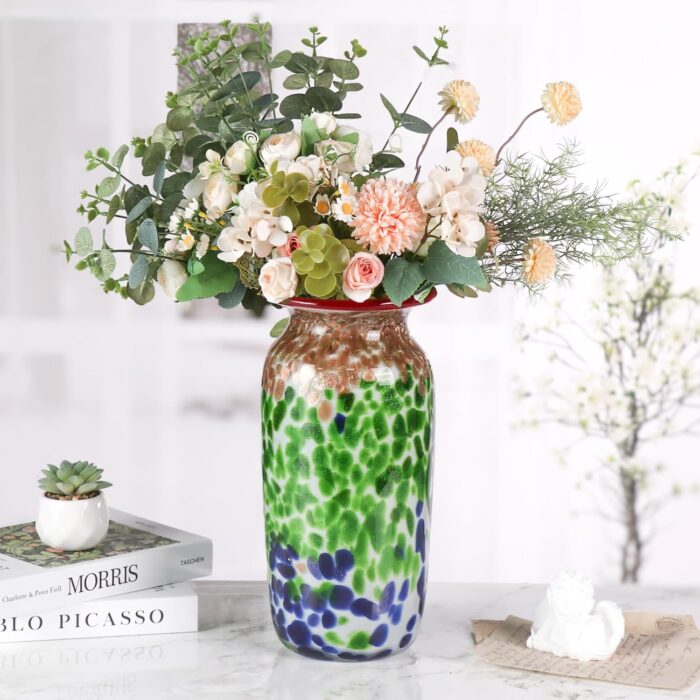 KAMMAK Colored Glass Vase, Beautiful Hand Blown Decorative Vase, Modern Art Vase for Flower Mantle Dining Table Centerpiece, Entryway Living Room Wedding Decoration, 8HPFH02046 KAMMAK 8HPFH02046 glass vase side angle view showing silhouette