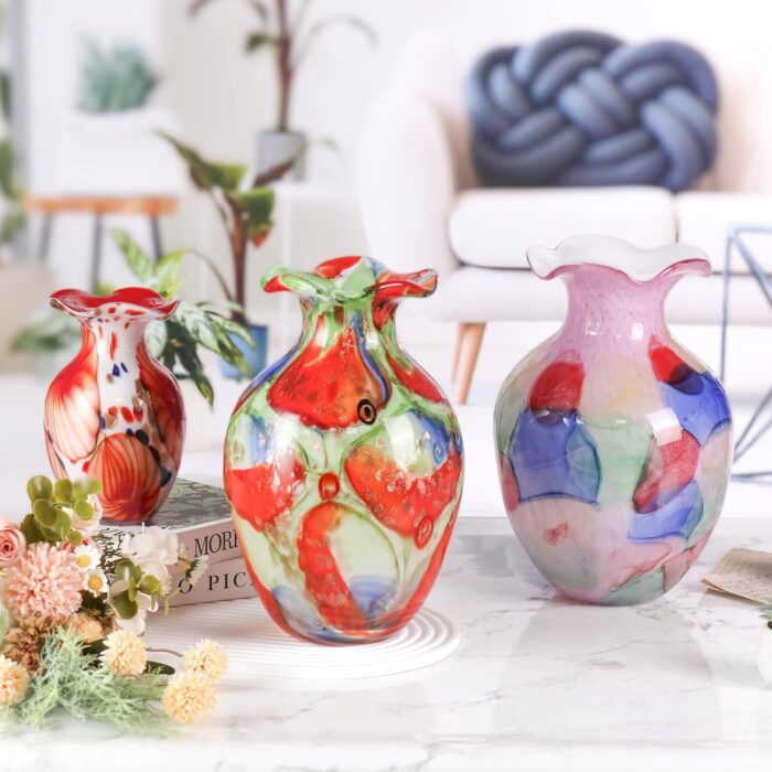 KAMMAK Colored Glass Vase, Beautiful Hand Blown Decorative Vase, Modern Art Vase for Flower Mantle Dining Table Centerpiece, Entryway Living Room Wedding Decoration, 8HPFH02048 KAMMAK 8HPFH02048 glass vase styled on dining table image 5