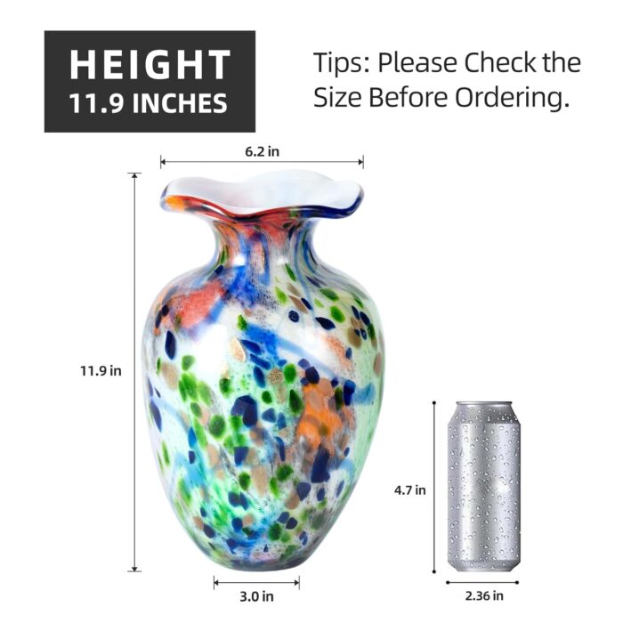KAMMAK Colored Glass Vase, Beautiful Hand Blown Decorative Vase, Modern Art Vase for Flower Mantle Dining Table Centerpiece, Entryway Living Room Wedding Decoration, 8HPFH02051 KAMMAK 8HPFH02051 glass vase shape and proportion detail image 3