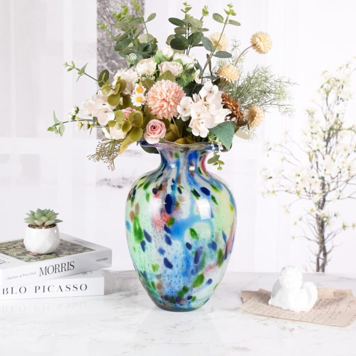 KAMMAK Colored Glass Vase, Beautiful Hand Blown Decorative Vase, Modern Art Vase for Flower Mantle Dining Table Centerpiece, Entryway Living Room Wedding Decoration, 8HPFH02051 KAMMAK 8HPFH02051 glass vase side angle view showing silhouette