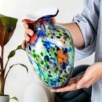 KAMMAK Colored Glass Vase, Beautiful Hand Blown Decorative Vase, Modern Art Vase for Flower Mantle Dining Table Centerpiece, Entryway Living Room Wedding Decoration, 8HPFH02051 KAMMAK 8HPFH02051 glass vase scale and proportion view image 6