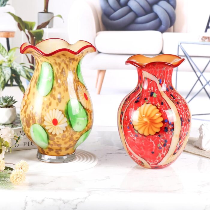 KAMMAK Colored Glass Vase, Beautiful Hand Blown Decorative Vase, Modern Art Vase for Flower Mantle Dining Table Centerpiece, Entryway Living Room Wedding Decoration, 8HPFH02052 KAMMAK 8HPFH02052 glass vase close-up material texture detail image 4