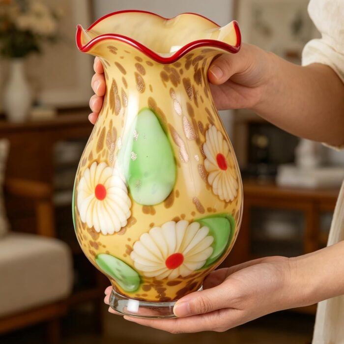 KAMMAK Colored Glass Vase, Beautiful Hand Blown Decorative Vase, Modern Art Vase for Flower Mantle Dining Table Centerpiece, Entryway Living Room Wedding Decoration, 8HPFH02052 KAMMAK 8HPFH02052 glass vase scale and proportion view image 6
