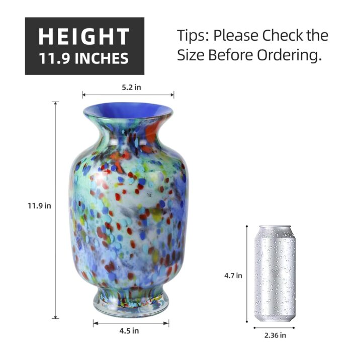 KAMMAK Colored Glass Vase, Beautiful Hand Blown Decorative Vase, Modern Art Vase for Flower Mantle Dining Table Centerpiece, Entryway Living Room Wedding Decoration, 8HPFH02053 KAMMAK 8HPFH02053 glass vase shape and proportion detail image 3