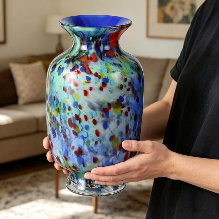 KAMMAK Colored Glass Vase, Beautiful Hand Blown Decorative Vase, Modern Art Vase for Flower Mantle Dining Table Centerpiece, Entryway Living Room Wedding Decoration, 8HPFH02053 KAMMAK 8HPFH02053 glass vase scale and proportion view image 6