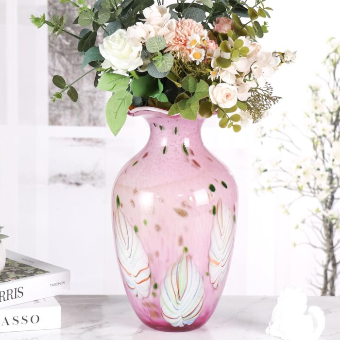 KAMMAK Colored Glass Vase, Beautiful Hand Blown Decorative Vase, Modern Art Vase for Flower Mantle Dining Table Centerpiece, Entryway Living Room Wedding Decoration, 8HPFH02056 KAMMAK 8HPFH02056 glass vase side angle view showing silhouette