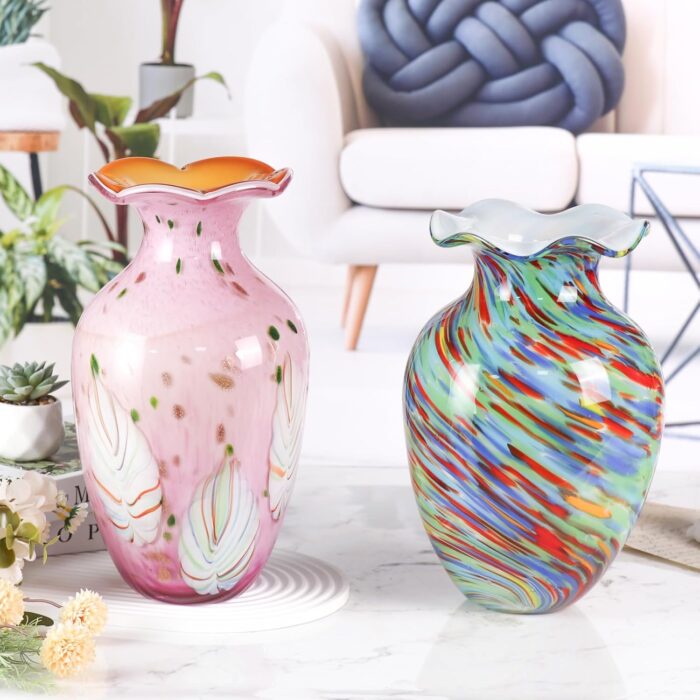 KAMMAK Colored Glass Vase, Beautiful Hand Blown Decorative Vase, Modern Art Vase for Flower Mantle Dining Table Centerpiece, Entryway Living Room Wedding Decoration, 8HPFH02056 KAMMAK 8HPFH02056 glass vase close-up material texture detail image 4