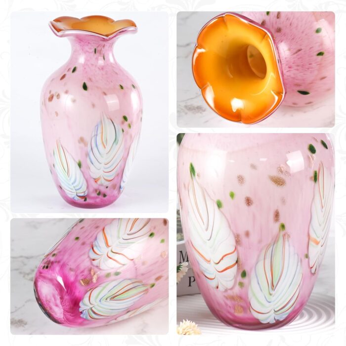 KAMMAK Colored Glass Vase, Beautiful Hand Blown Decorative Vase, Modern Art Vase for Flower Mantle Dining Table Centerpiece, Entryway Living Room Wedding Decoration, 8HPFH02056 KAMMAK 8HPFH02056 glass vase styled on dining table image 5