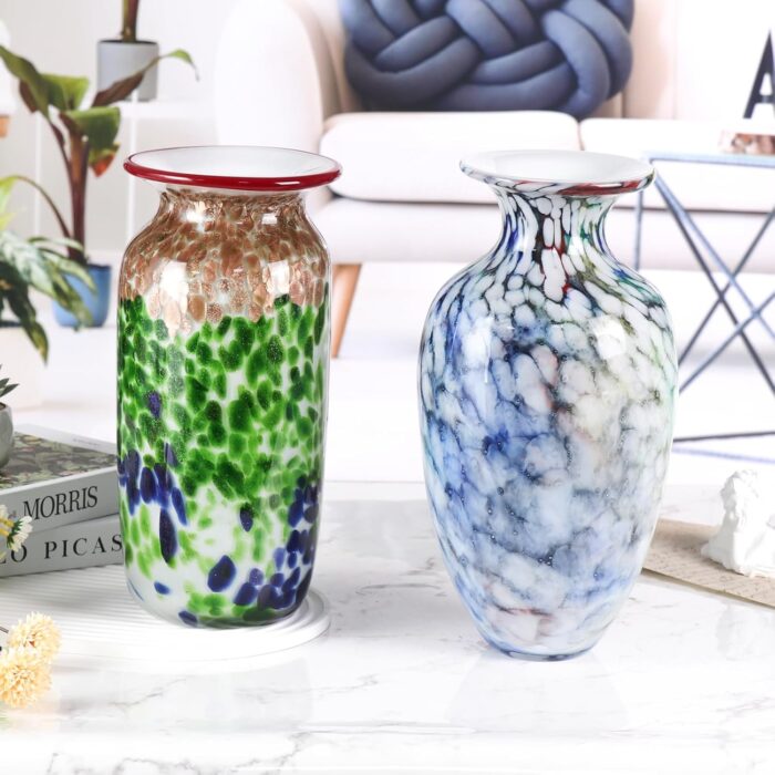 KAMMAK Colored Glass Vase, Beautiful Hand Blown Decorative Vase, Modern Art Vase for Flower Mantle Dining Table Centerpiece, Entryway Living Room Wedding Decoration, 8HPFH02060 KAMMAK 8HPFH02060 glass vase close-up material texture detail image 4