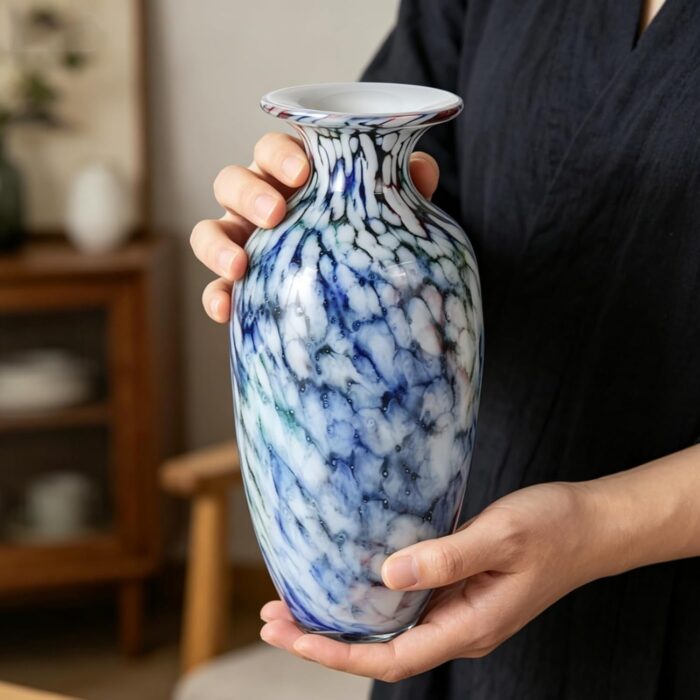 KAMMAK Colored Glass Vase, Beautiful Hand Blown Decorative Vase, Modern Art Vase for Flower Mantle Dining Table Centerpiece, Entryway Living Room Wedding Decoration, 8HPFH02060 KAMMAK 8HPFH02060 glass vase scale and proportion view image 6
