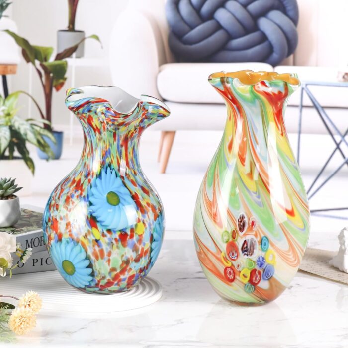 KAMMAK Colored Glass Vase, Beautiful Hand Blown Decorative Vase, Modern Art Vase for Flower Mantle Dining Table Centerpiece, Entryway Living Room Wedding Decoration, 8HPFH02061 KAMMAK 8HPFH02061 glass vase close-up material texture detail image 4