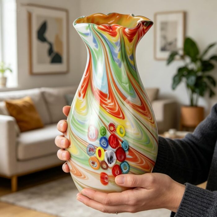 KAMMAK Colored Glass Vase, Beautiful Hand Blown Decorative Vase, Modern Art Vase for Flower Mantle Dining Table Centerpiece, Entryway Living Room Wedding Decoration, 8HPFH02061 KAMMAK 8HPFH02061 glass vase scale and proportion view image 6