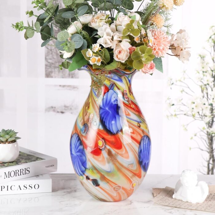 KAMMAK Colored Glass Vase, Beautiful Hand Blown Decorative Vase, Modern Art Vase for Flower Mantle Dining Table Centerpiece, Entryway Living Room Wedding Decoration, 8HPFH02062 KAMMAK 8HPFH02062 glass vase side angle view showing silhouette