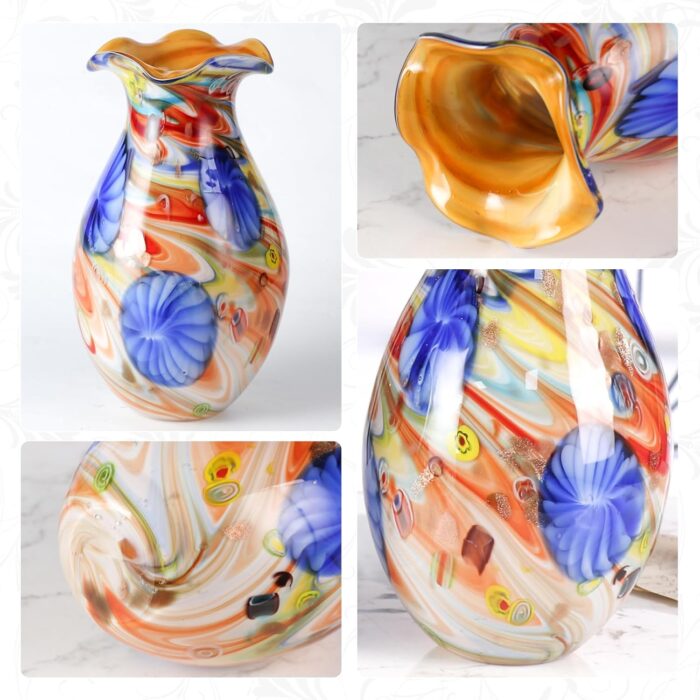 KAMMAK Colored Glass Vase, Beautiful Hand Blown Decorative Vase, Modern Art Vase for Flower Mantle Dining Table Centerpiece, Entryway Living Room Wedding Decoration, 8HPFH02062 KAMMAK 8HPFH02062 glass vase styled on dining table image 5