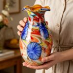KAMMAK Colored Glass Vase, Beautiful Hand Blown Decorative Vase, Modern Art Vase for Flower Mantle Dining Table Centerpiece, Entryway Living Room Wedding Decoration, 8HPFH02062 KAMMAK 8HPFH02062 glass vase scale and proportion view image 6
