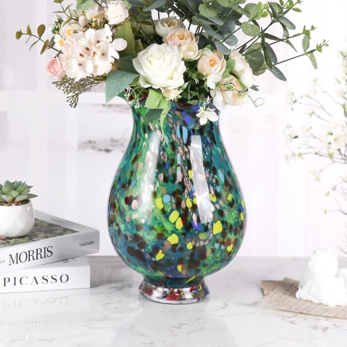 KAMMAK Colored Glass Vase, Beautiful Hand Blown Decorative Vase, Modern Art Vase for Flower Mantle Dining Table Centerpiece, Entryway Living Room Wedding Decoration, 8HPFH02064 KAMMAK 8HPFH02064 glass vase side angle view showing silhouette