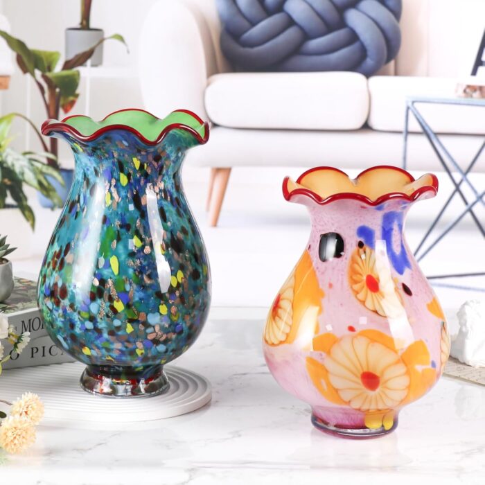 KAMMAK Colored Glass Vase, Beautiful Hand Blown Decorative Vase, Modern Art Vase for Flower Mantle Dining Table Centerpiece, Entryway Living Room Wedding Decoration, 8HPFH02064 KAMMAK 8HPFH02064 glass vase close-up material texture detail image 4