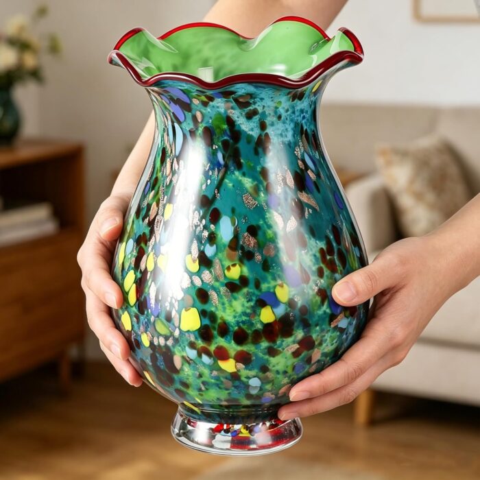 KAMMAK Colored Glass Vase, Beautiful Hand Blown Decorative Vase, Modern Art Vase for Flower Mantle Dining Table Centerpiece, Entryway Living Room Wedding Decoration, 8HPFH02064 KAMMAK 8HPFH02064 glass vase scale and proportion view image 6