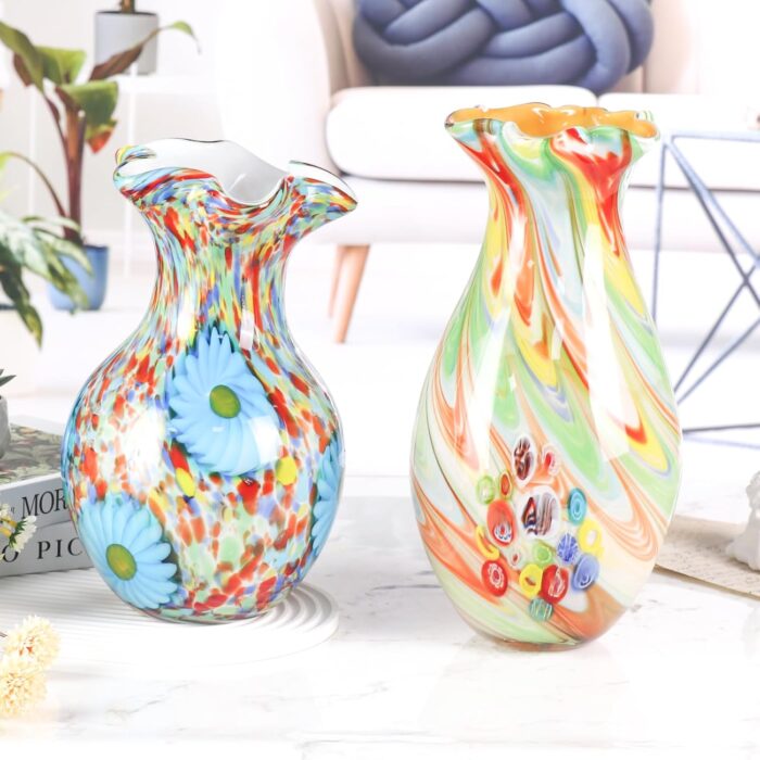 KAMMAK Colored Glass Vase, Beautiful Hand Blown Decorative Vase, Modern Art Vase for Flower Mantle Dining Table Centerpiece, Entryway Living Room Wedding Decoration, 8HPFH02059 KAMMAK 8HPFH02059 glass vase close-up material texture detail image 4