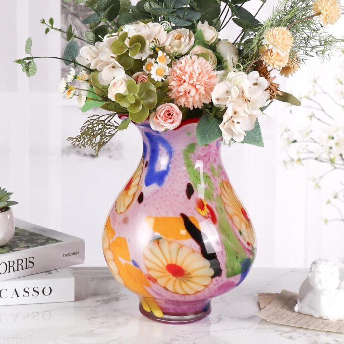 KAMMAK Colored Glass Vase, Beautiful Hand Blown Decorative Vase, Modern Art Vase for Flower Mantle Dining Table Centerpiece, Entryway Living Room Wedding Decoration, 8HPFH02066 KAMMAK 8HPFH02066 glass vase side angle view showing silhouette