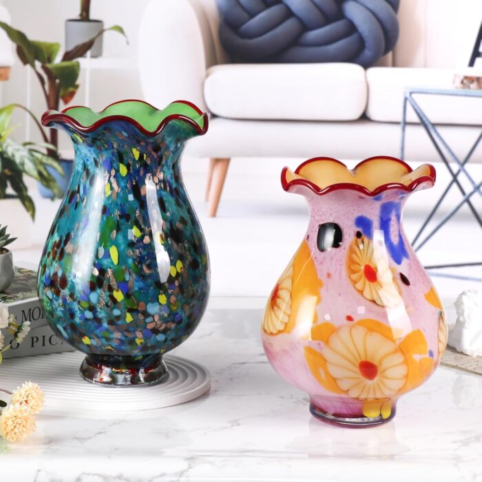 KAMMAK Colored Glass Vase, Beautiful Hand Blown Decorative Vase, Modern Art Vase for Flower Mantle Dining Table Centerpiece, Entryway Living Room Wedding Decoration, 8HPFH02066 KAMMAK 8HPFH02066 glass vase close-up material texture detail image 4