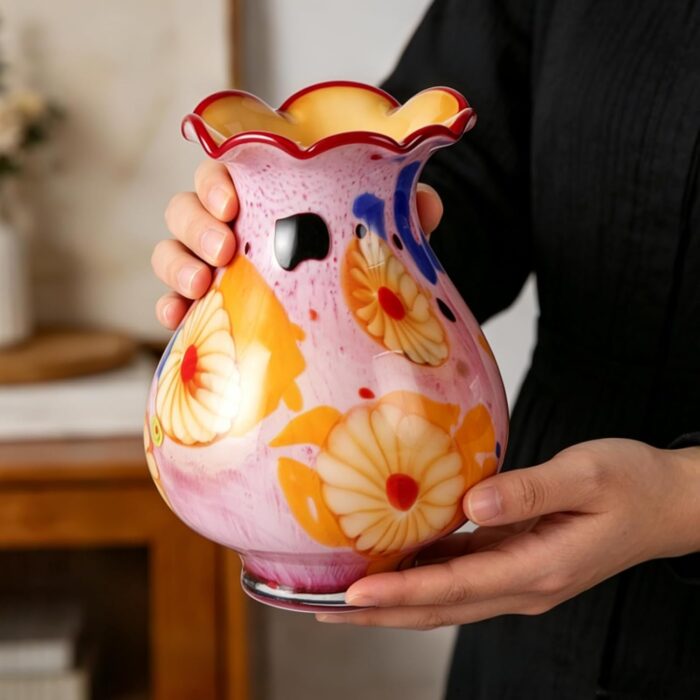 KAMMAK Colored Glass Vase, Beautiful Hand Blown Decorative Vase, Modern Art Vase for Flower Mantle Dining Table Centerpiece, Entryway Living Room Wedding Decoration, 8HPFH02066 KAMMAK 8HPFH02066 glass vase scale and proportion view image 6