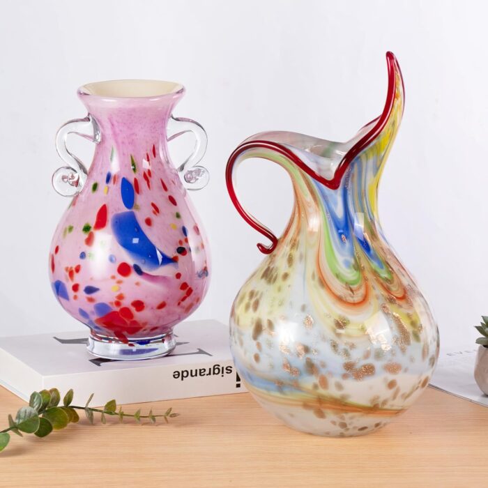 KAMMAK Colored Glass Vase, Beautiful Hand Blown Decorative Vase, Modern Art Vase for Flower Mantle Dining Table Centerpiece, Entryway Living Room Wedding Decoration, 8HPFH02067 KAMMAK 8HPFH02067 glass vase close-up material texture detail image 4