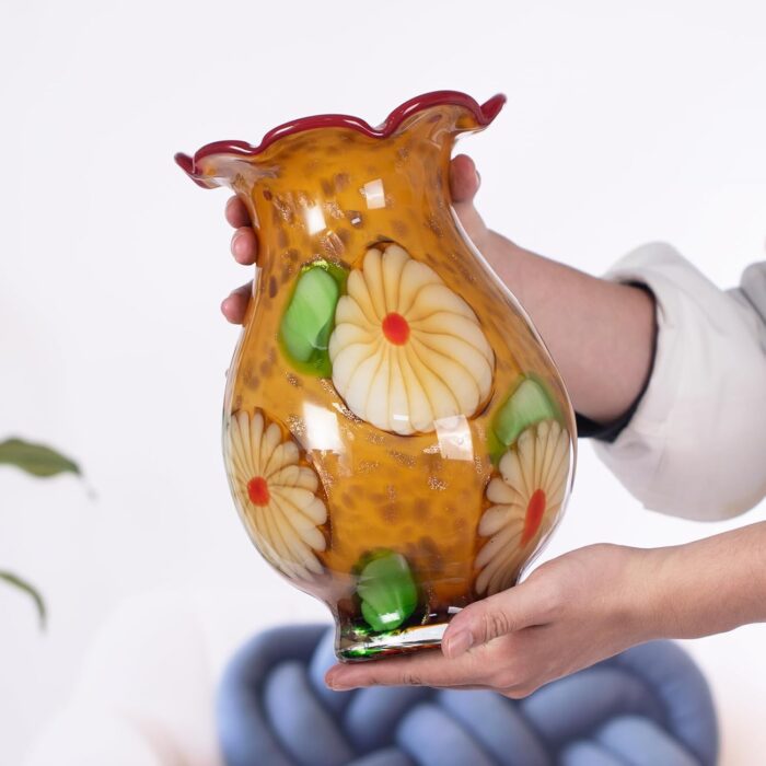 KAMMAK Colored Glass Vase, Beautiful Hand Blown Decorative Vase, Modern Art Vase for Flower Mantle Dining Table Centerpiece, Entryway Living Room Wedding Decoration, FH02033 KAMMAK 8HPFH02033 glass vase scale and proportion view image 6
