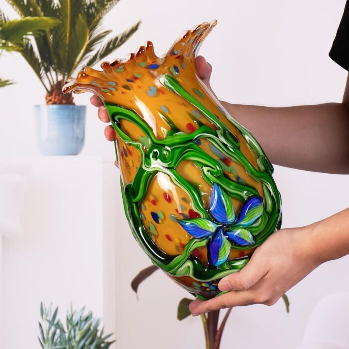 KAMMAK Colored Glass Vase, Beautiful Hand Blown Decorative Vase, Modern Art Vase for Flower Mantle Dining Table Centerpiece, Entryway Living Room Wedding Decoration, 8HPQSKQ013