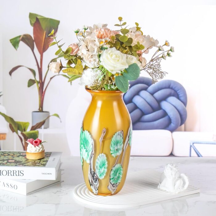 KAMMAK Colored Glass Vase, Beautiful Hand Blown Decorative Vase, Modern Art Vase for Flower Mantle Dining Table Centerpiece, Entryway Living Room Wedding Decoration (JG2069) KAMMAK 8HPJG02069 glass vase side angle view showing silhouette