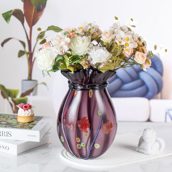 KAMMAK Colored Glass Vase, Beautiful Hand Blown Decorative Vase, Modern Art Vase for Flower Mantle Dining Table Centerpiece, Entryway Living Room Wedding Decoration (JG2075) KAMMAK 8HPJG02075 glass vase side angle view showing silhouette