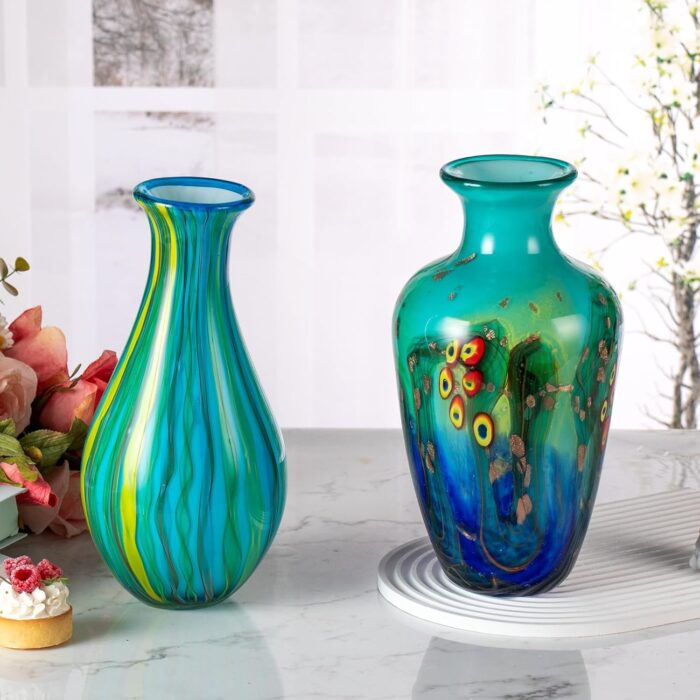 KAMMAK Colored Glass Vase, Beautiful Hand Blown Decorative Vase, Modern Art Vase for Flower Mantle Dining Table Centerpiece, Entryway Living Room Wedding Decoration (JG2104) KAMMAK 8HPJG02104 glass vase scale and proportion view image 6