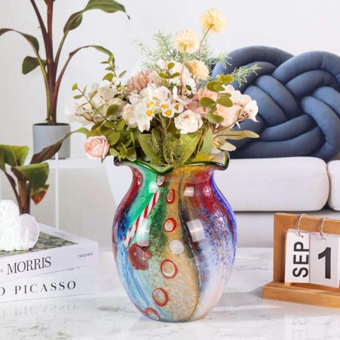 KAMMAK Colored Glass Vase, Beautiful Hand Blown Decorative Vase, Modern Art Vase for Flower Mantle Dining Table Centerpiece, Entryway Living Room Wedding Decoration (JG2040)