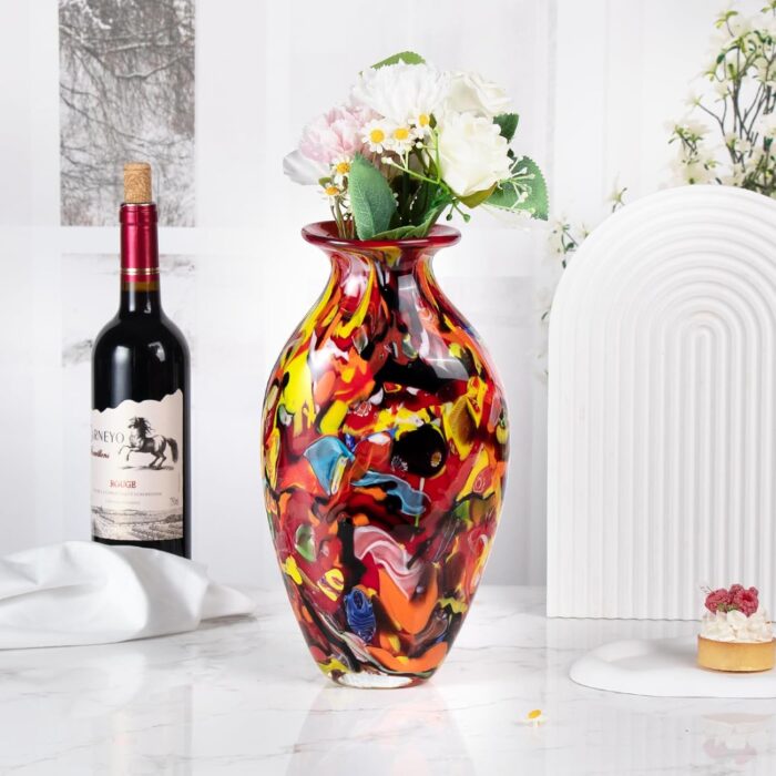 KAMMAK Colored Glass Vase, Beautiful Hand Blown Decorative Vase, Modern Art Vase for Flower Mantle Dining Table Centerpiece, Entryway Living Room Wedding Decoration (JG2038) KAMMAK 8HPJG02038 glass vase side angle view showing silhouette