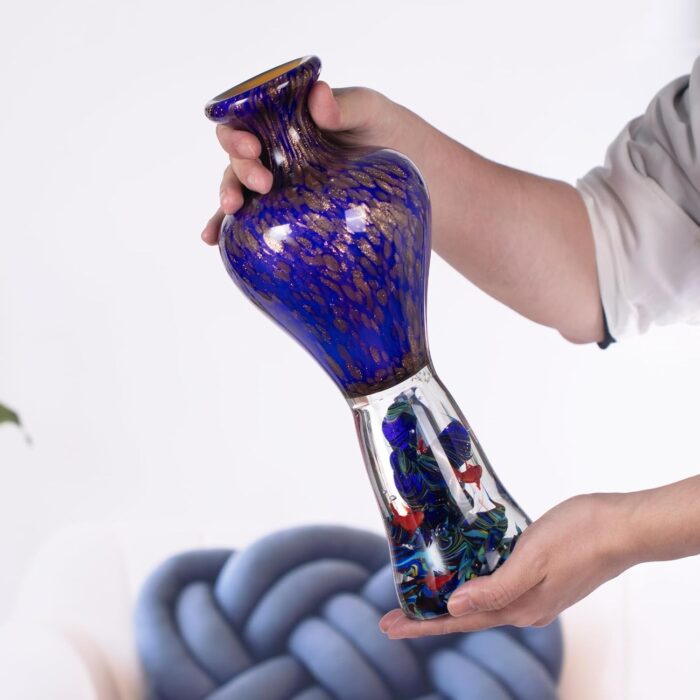 KAMMAK Colored Glass Vase, Beautiful Hand Blown Decorative Vase, Modern Art Vase for Flower Mantle Dining Table Centerpiece, Entryway Living Room Wedding Decoration, 8HPFH02022 KAMMAK 8HPFH02022 glass vase scale and proportion view image 6