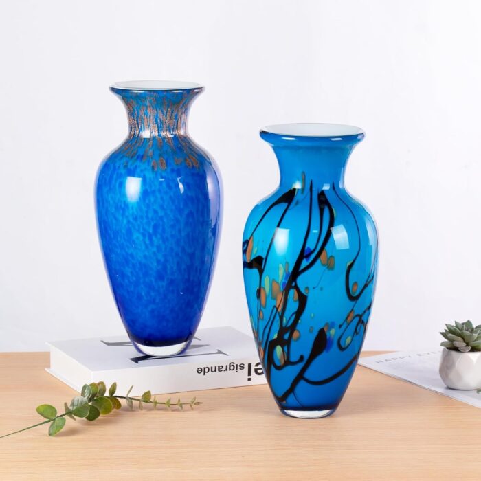 KAMMAK Colored Glass Vase, Beautiful Hand Blown Decorative Vase, Modern Art Vase for Flower Mantle Dining Table Centerpiece, Entryway Living Room Wedding Decoration, 8HPFH02024 KAMMAK 8HPFH02024 glass vase close-up material texture detail image 4