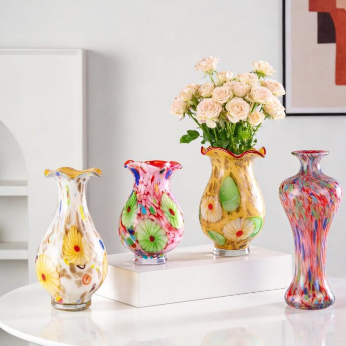 KAMMAK Colored Glass Vase, Beautiful Hand Blown Decorative Vase, Modern Art Vase for Flower Mantle Dining Table Centerpiece, Entryway Living Room Wedding Decoration, 8HPFH02025 KAMMAK 8HPFH02025 glass vase decorative craft detail image 7
