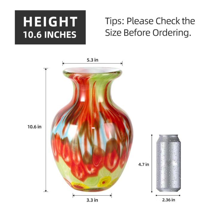 KAMMAK Colored Glass Vase, Beautiful Hand Blown Decorative Vase, Modern Art Vase for Flower Mantle Dining Table Centerpiece, Entryway Living Room Wedding Decoration, 8HPFH02036 KAMMAK 8HPFH02036 glass vase shape and proportion detail image 3