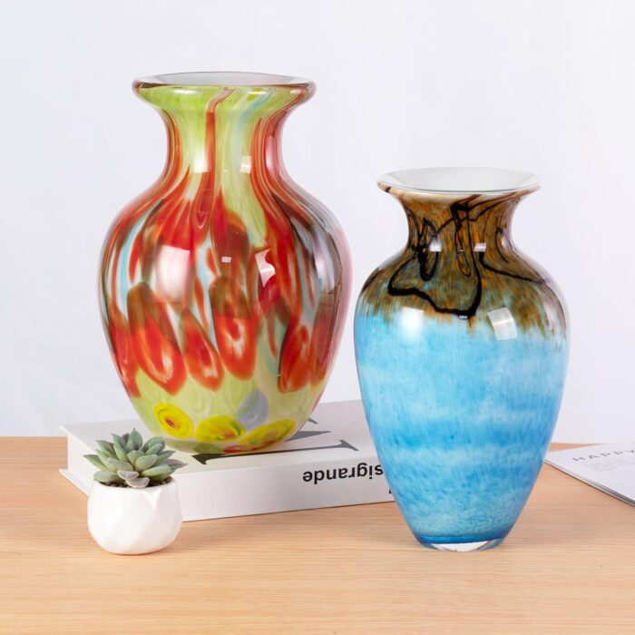 KAMMAK Colored Glass Vase, Beautiful Hand Blown Decorative Vase, Modern Art Vase for Flower Mantle Dining Table Centerpiece, Entryway Living Room Wedding Decoration, 8HPFH02036 KAMMAK 8HPFH02036 glass vase close-up material texture detail image 4