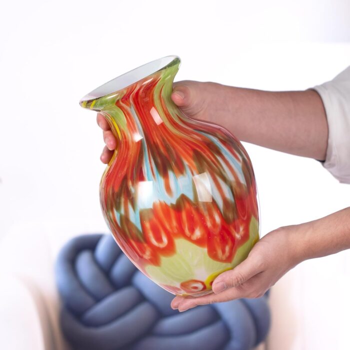 KAMMAK Colored Glass Vase, Beautiful Hand Blown Decorative Vase, Modern Art Vase for Flower Mantle Dining Table Centerpiece, Entryway Living Room Wedding Decoration, 8HPFH02036 KAMMAK 8HPFH02036 glass vase scale and proportion view image 6