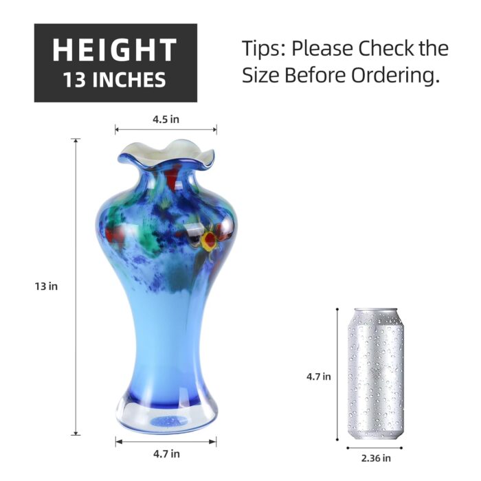KAMMAK Colored Glass Vase, Beautiful Hand Blown Decorative Vase, Modern Art Vase for Flower Mantle Dining Table Centerpiece, Entryway Living Room Wedding Decoration, 8HPFH02042 KAMMAK 8HPFH02042 glass vase shape and proportion detail image 3