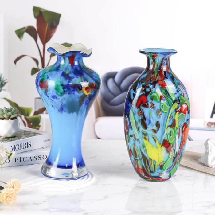 KAMMAK Colored Glass Vase, Beautiful Hand Blown Decorative Vase, Modern Art Vase for Flower Mantle Dining Table Centerpiece, Entryway Living Room Wedding Decoration, 8HPFH02042 KAMMAK 8HPFH02042 glass vase close-up material texture detail image 4