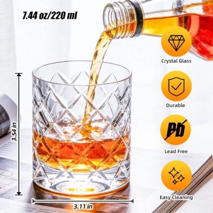KAMMAK Crystal Whiskey Glasses Set of 2, 7.44 oz Old Fashioned Glasses Stemless, Hand Blown White Cocktail Glasses, Luxury Handcrafted Cut Tumbler for Women, Perfect Men Gift...