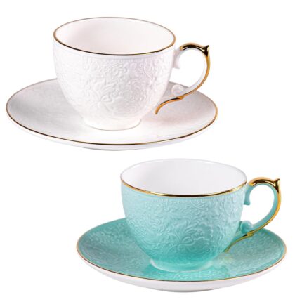 KAMMAK Tea Cups and Saucers Set of 2, Fine Bone China Coffee Cups, Stackable Espresso Mugs, Ceramic Demitasse for Coffee, Cappuccino, Latte, Americano, Tea, Uncaria (White + Blue)