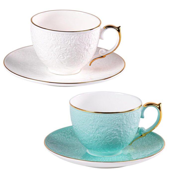KAMMAK Tea Cups and Saucers Set of 2, Fine Bone China Coffee Cups, Stackable Espresso Mugs, Ceramic Demitasse for Coffee, Cappuccino, Latte, Americano, Tea, Uncaria (White + Blue)