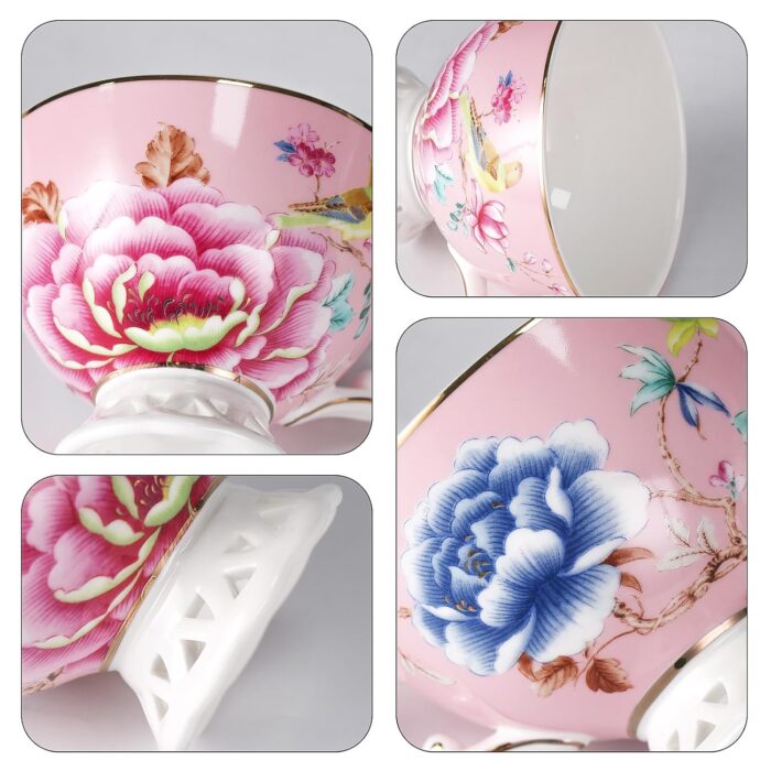 KAMMAK Tea Cups and Saucers Set of 2, Fine Bone China Coffee Cups, Stackable Espresso Mugs, Ceramic Demitasse for Coffee, Cappuccino, Latte, Americano, Tea, Flowers (Blue + Pink)