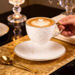 KAMMAK Tea Cups and Saucers Set of 2, Fine Bone China Coffee Cups, Stackable Espresso Mugs, Ceramic Demitasse for Coffee, Cappuccino, Latte, Americano, Tea, Uncaria (White + Blue)