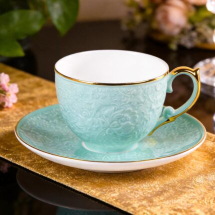 KAMMAK Tea Cups and Saucers Set of 2, Fine Bone China Coffee Cups, Stackable Espresso Mugs, Ceramic Demitasse for Coffee, Cappuccino, Latte, Americano, Tea, Uncaria (White + Blue)