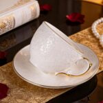 KAMMAK Tea Cups and Saucers Set of 2, Fine Bone China Coffee Cups, Stackable Espresso Mugs, Ceramic Demitasse for Coffee, Cappuccino, Latte, Americano, Tea, Uncaria (White + Blue)