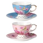 KAMMAK Tea Cups and Saucers Set of 2, Fine Bone China Coffee Cups, Stackable Espresso Mugs, Ceramic Demitasse for Coffee, Cappuccino, Latte, Americano, Tea, Flowers (Blue + Pink)